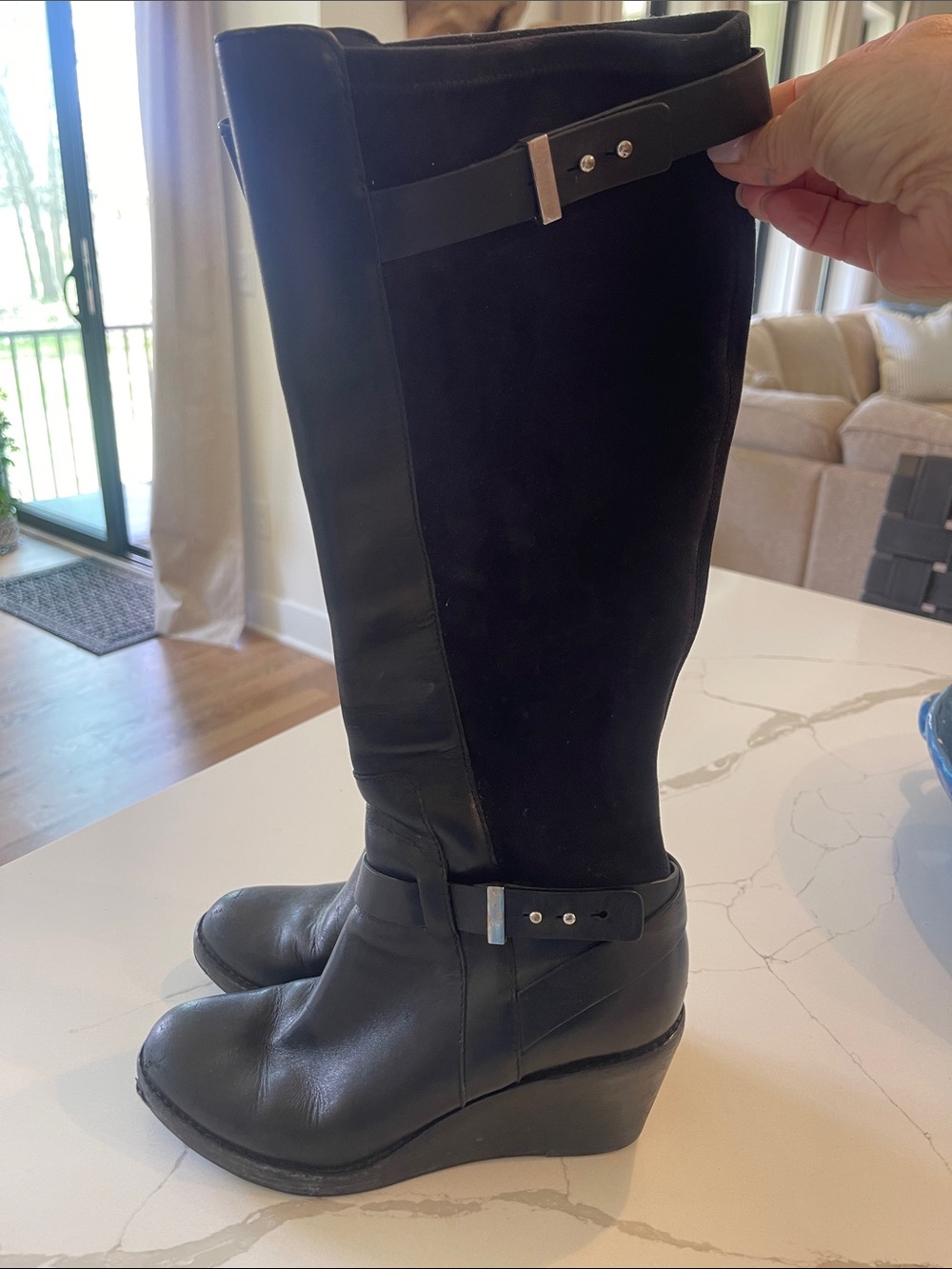 Cole Haan Black Leather & Suede Wedge Combat Boots